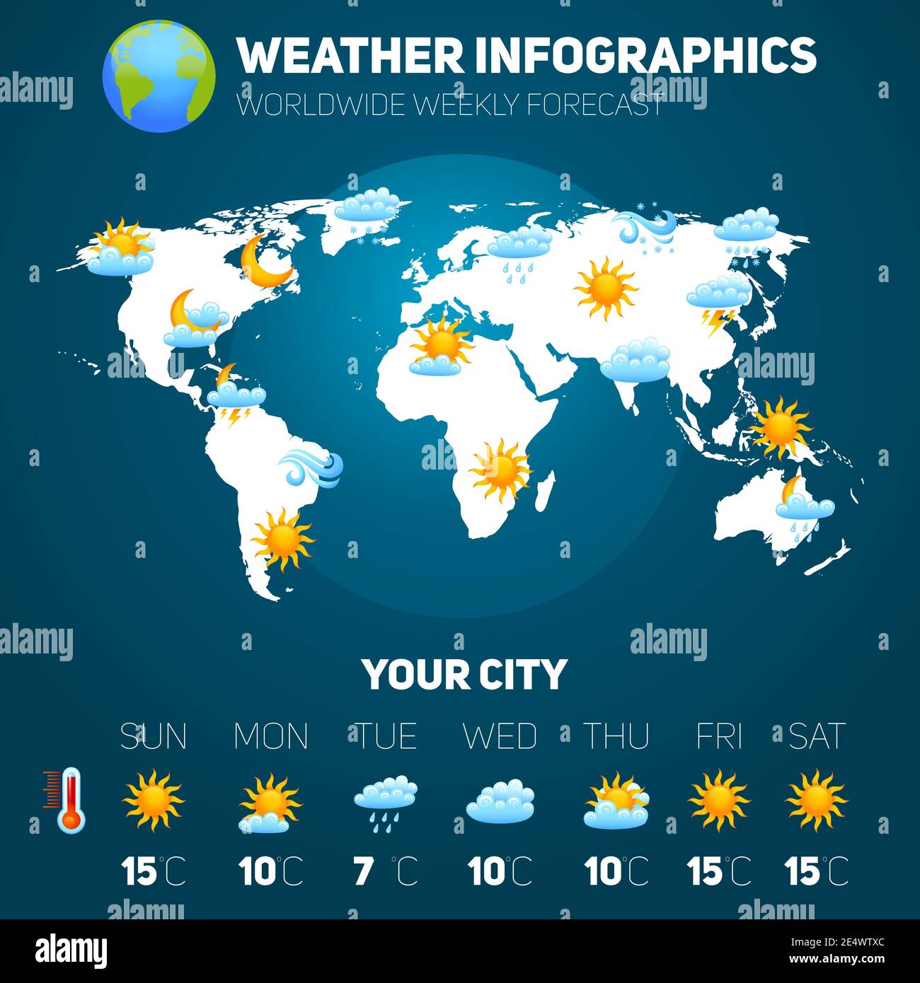 Weather forecast infographic set with meteorology signs and world map vector illustration Stock Vector