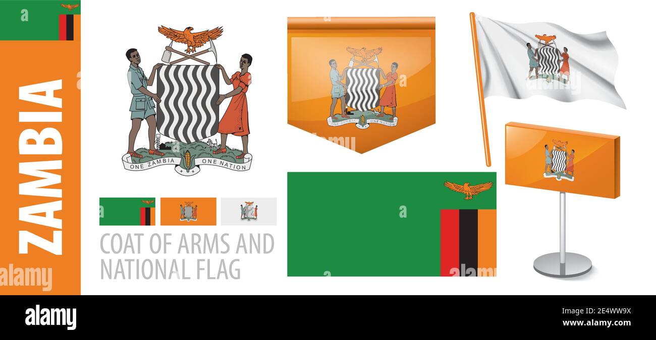 Vector set of the coat of arms and national flag of Zambia Stock Vector