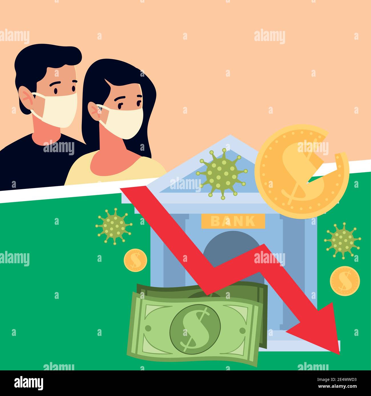 covid-19 impact, people wearing masks and economy finance crisis vector ...