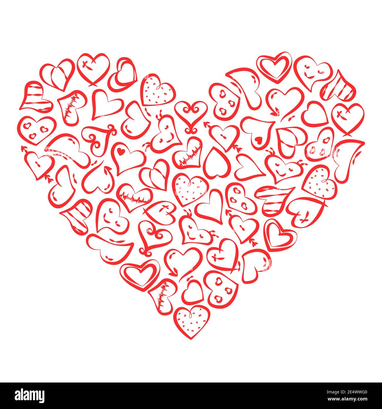 Vector red hearts set valentine's day and weddings icons. doodle in ...