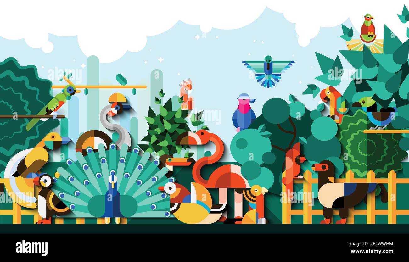 Exotic birds in tropical jungle forest colorful background vector ...