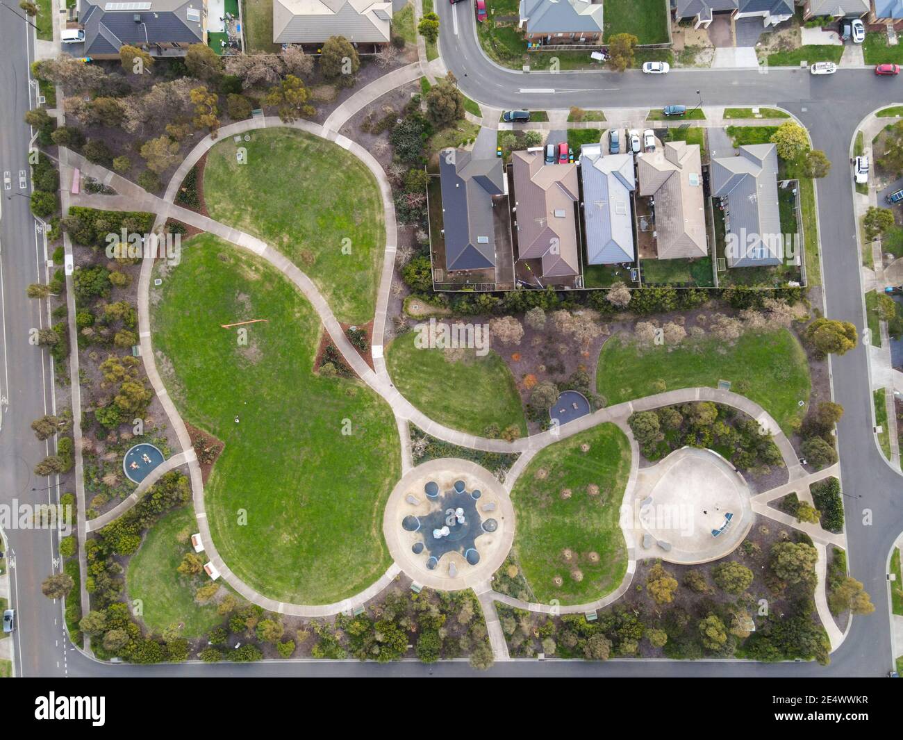 Suburban Community Park from Above Aerial View Stock Photo