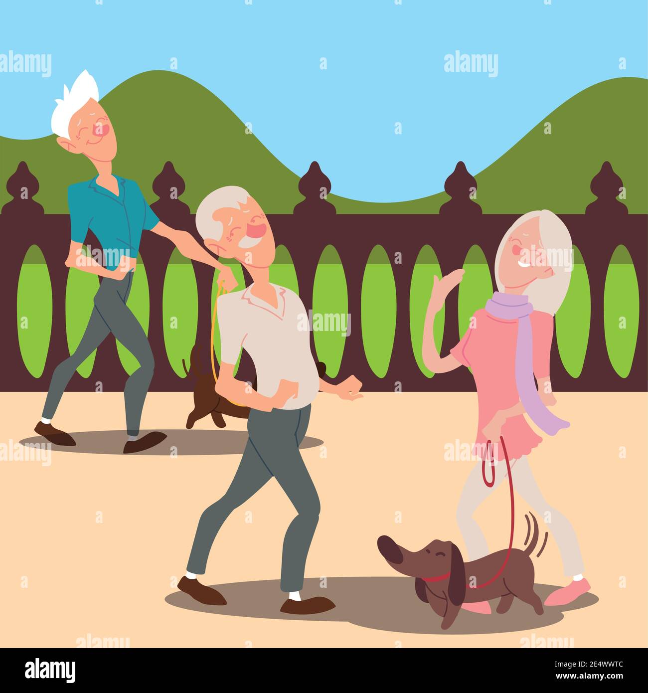 seniors active, elderly couple with dog and old man walking vector ...