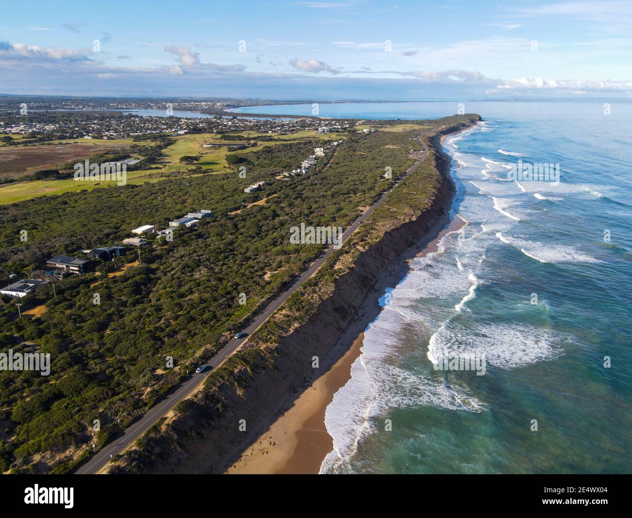 Aerial View of Barwon Heads with Blue Ocean and Sky, Victoria, Australia Stock Photo