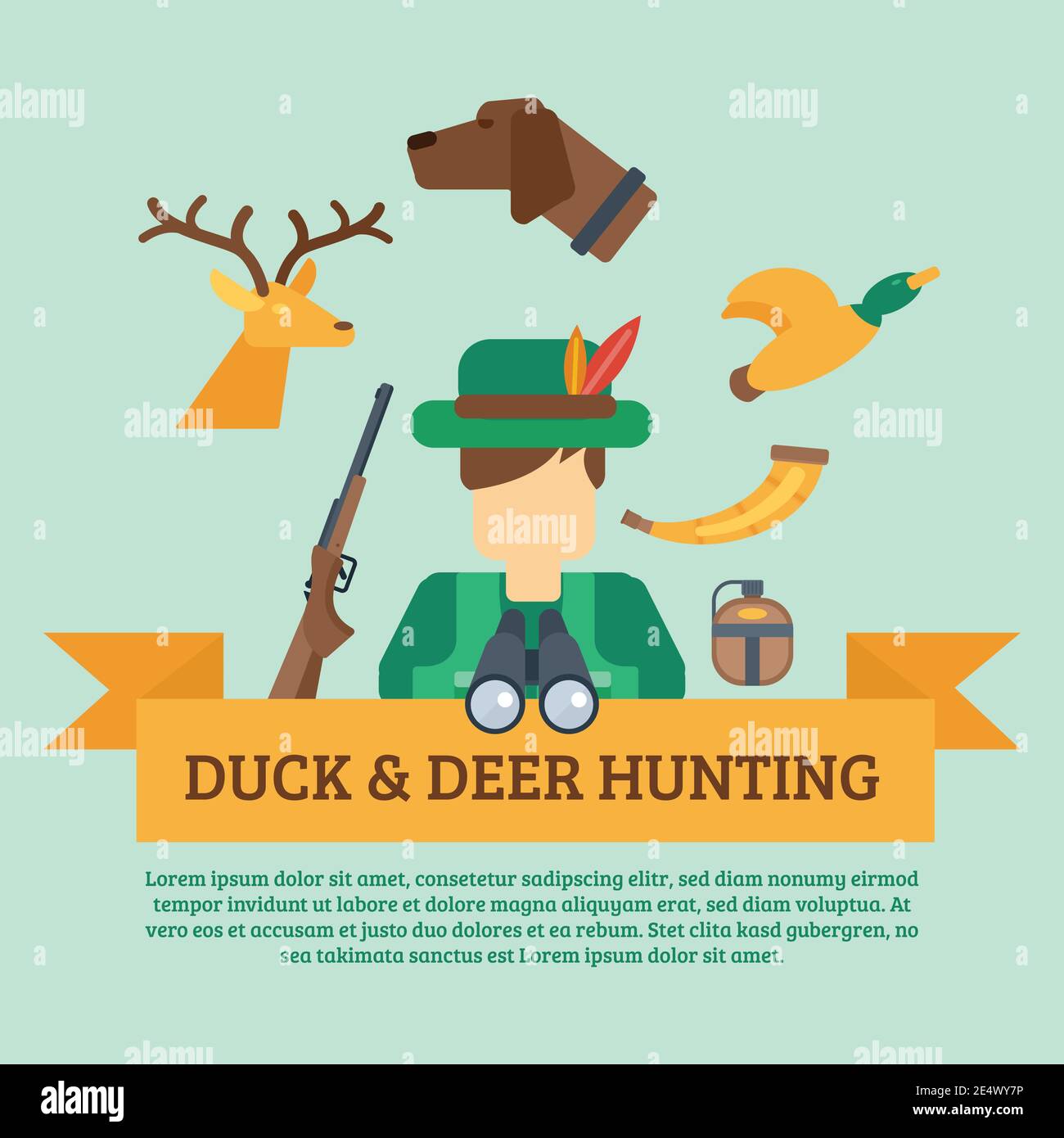 Duck and deer hunting concept with hunter equipment and animals icons