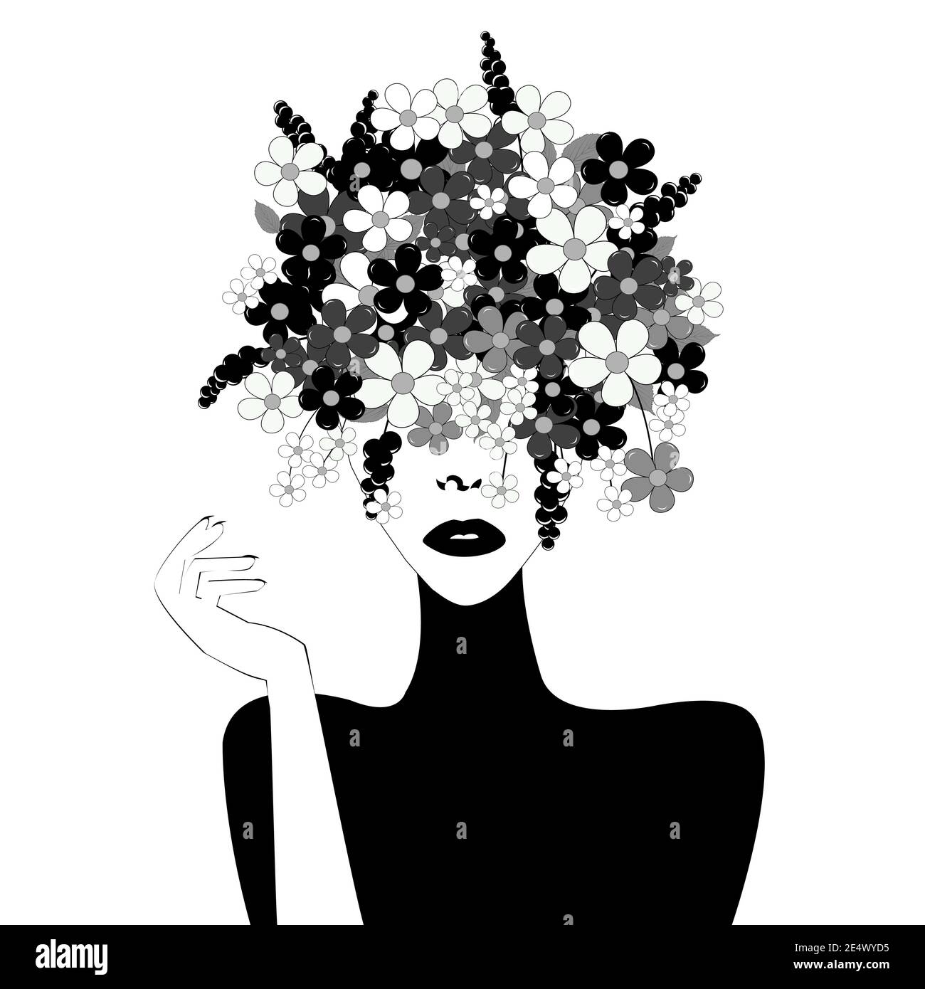 Black and white stylized woman with flowers in her head Stock Vector ...