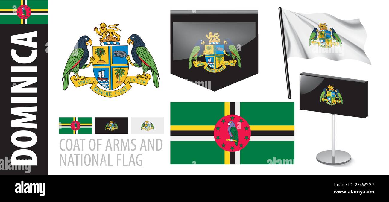 Vector set of the coat of arms and national flag of Dominica Stock
