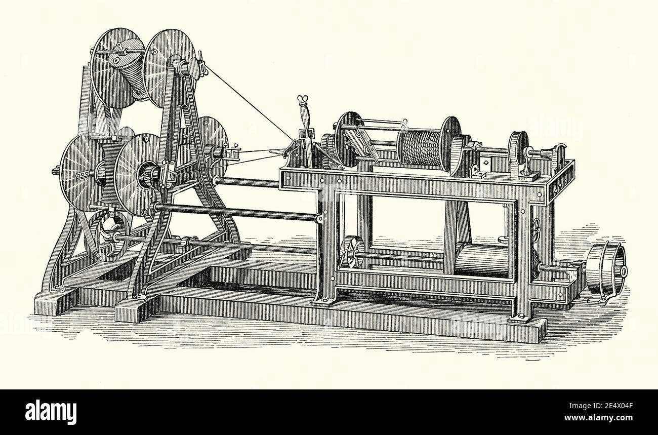 https://c8.alamy.com/comp/2E4X04F/an-old-engraving-showing-how-a-victorian-rope-making-machine-works-it-is-from-a-mechanical-engineering-book-of-the-1880s-this-machine-is-designed-for-making-thinner-types-of-rope-three-bobbin-holders-left-holding-the-strands-of-yarn-are-rotated-in-a-vertical-plane-by-bands-the-strands-are-pulled-by-further-rotation-on-to-a-drum-centre-right-to-form-the-finished-rope-2E4X04F.jpg
