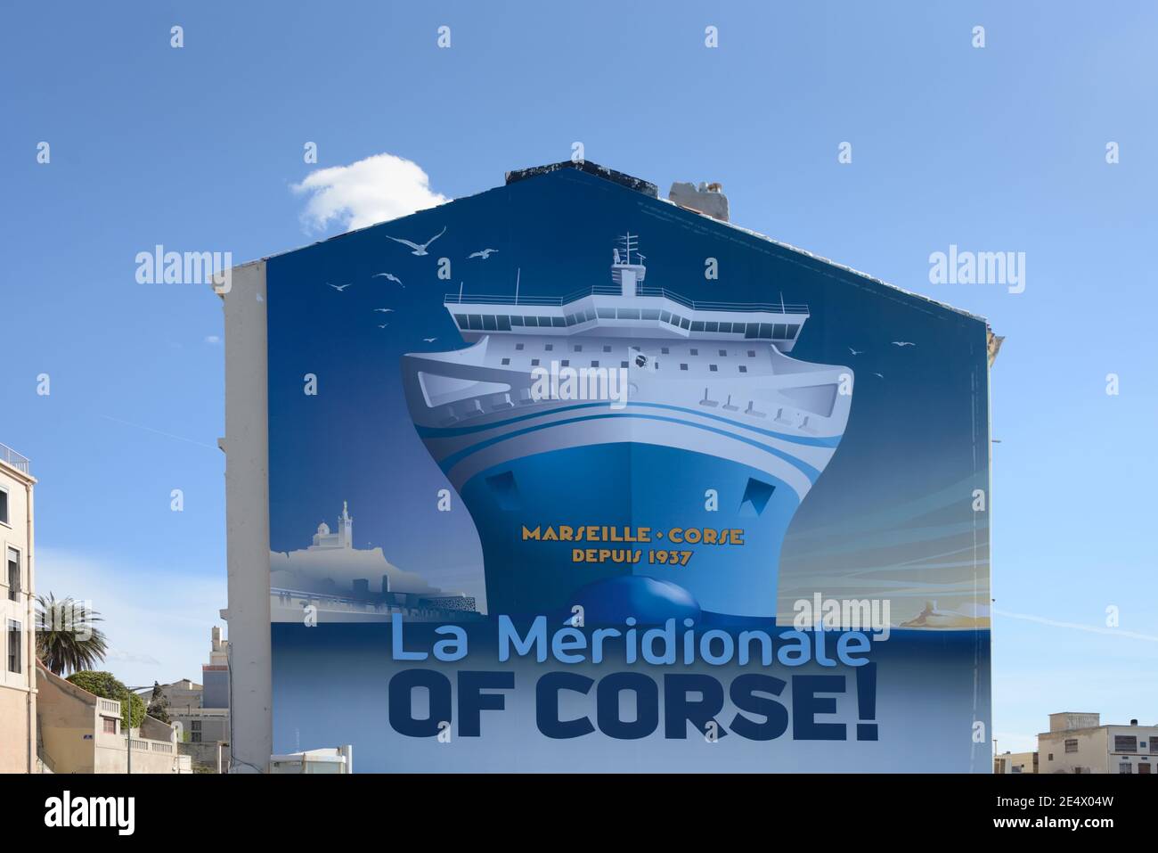 Wall Painting & Advert for Corsica Ferry Boat 'La Méridionale' on the Corniche Kennedy Marseille Provence Frence Stock Photo
