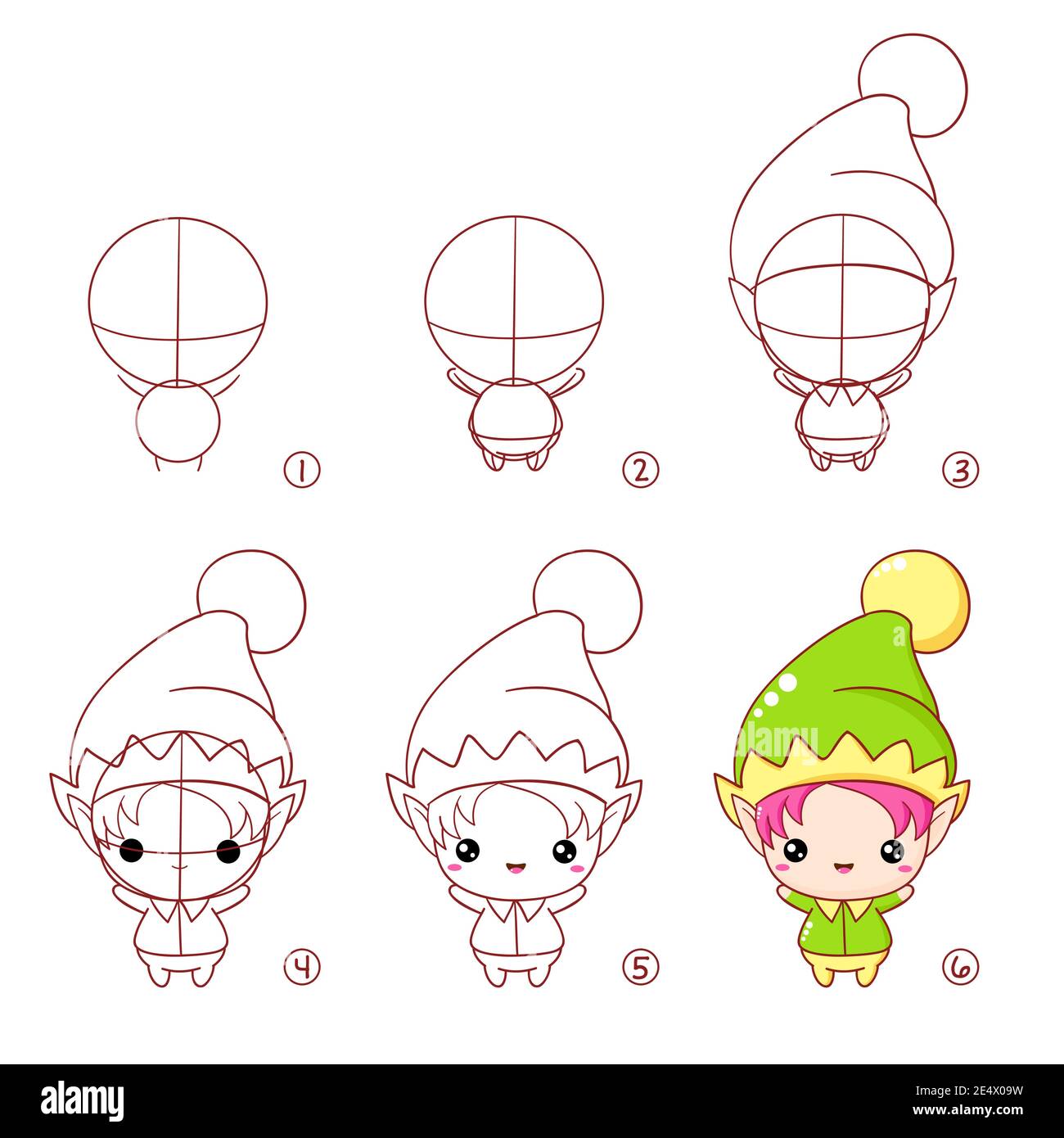 Step by step drawing of cute cartoon elf. Educational child game ...