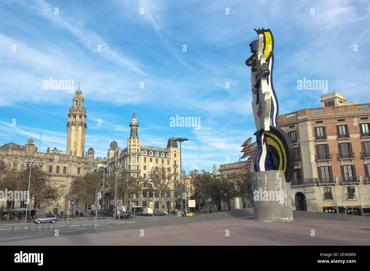Barcelona: cross between Columbus promenade and Laietana street with sculpture, Spain Stock Photo