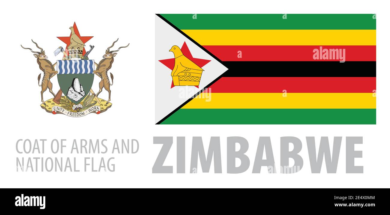Vector set of the coat of arms and national flag of Zimbabwe Stock