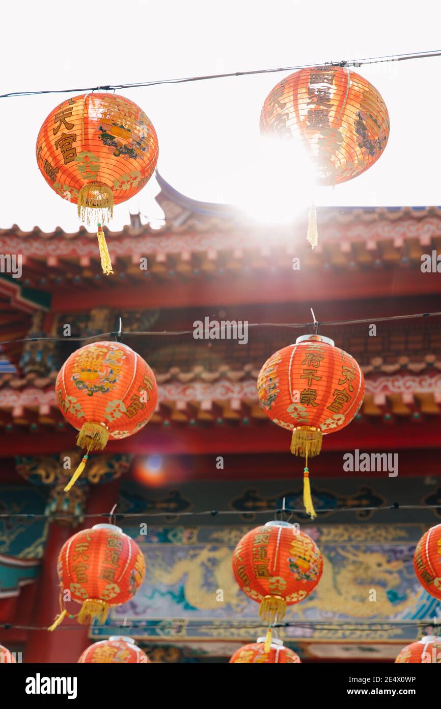 Chinese lanterns hanging in China style temple during Chinese new year ...