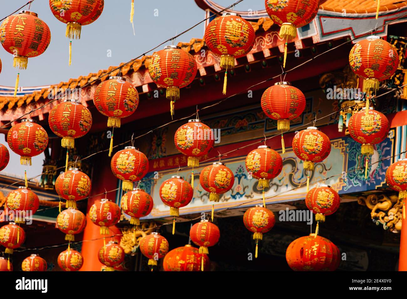 Chinese lanterns hanging in China style temple during Chinese new year ...