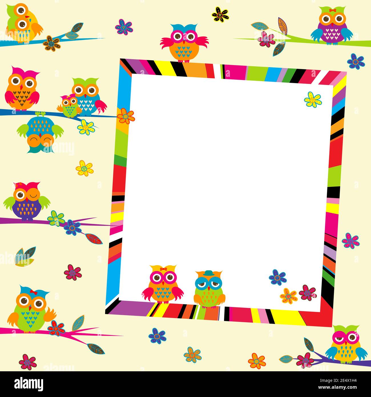 Greeting card with cartoon owls and frame Stock Vector Image & Art - Alamy
