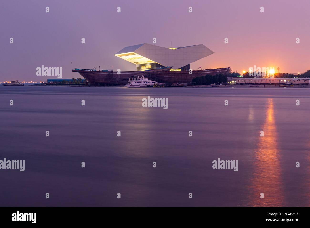 DUBAI, UNITED ARAB EMIRATES - Jul 18, 2019: View of the Mohammed bin Rashid Library from the Creek in Dubai at night. Stock Photo