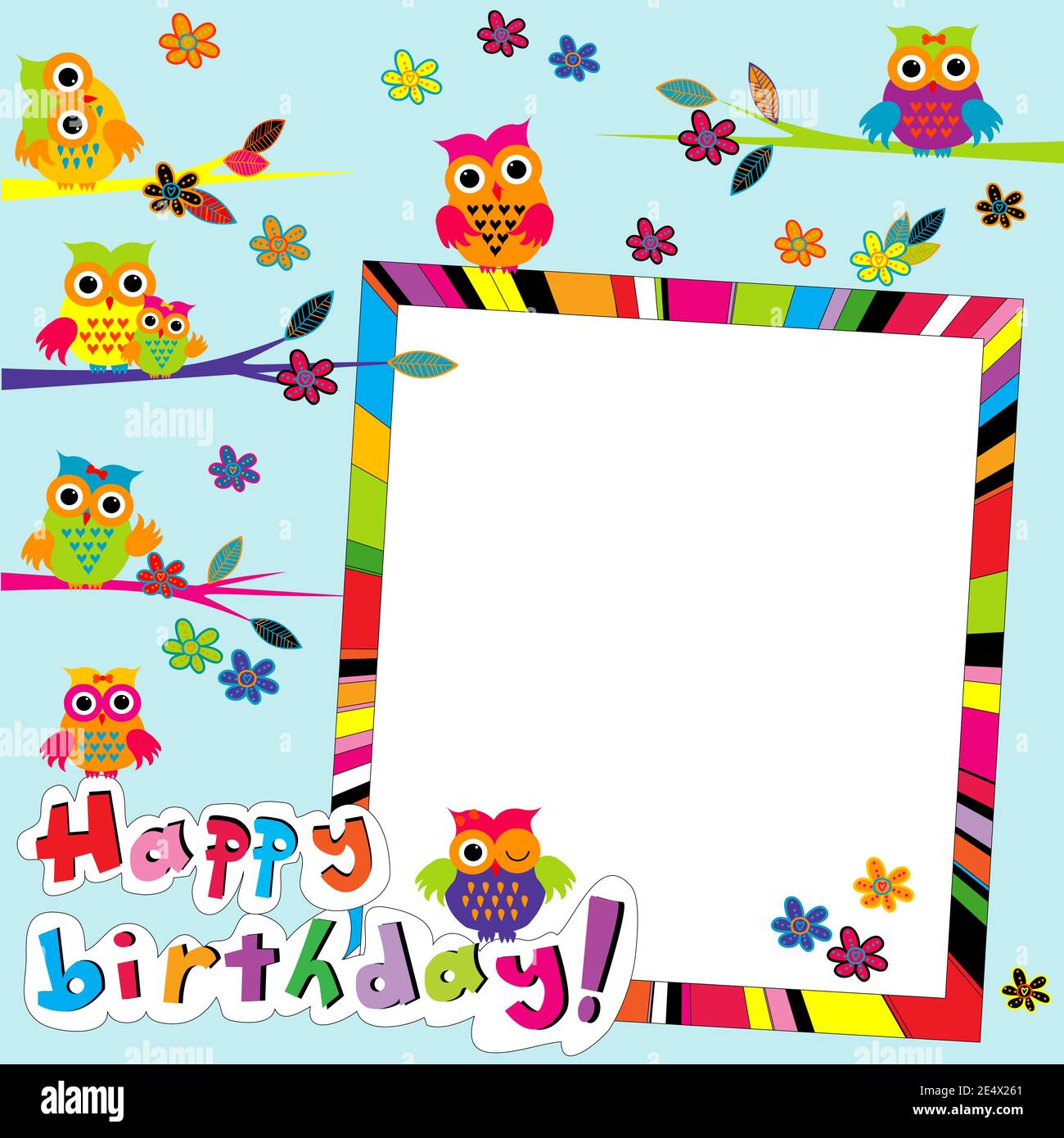 Happy birthday card with frame and cartoon owls Stock Vector Image