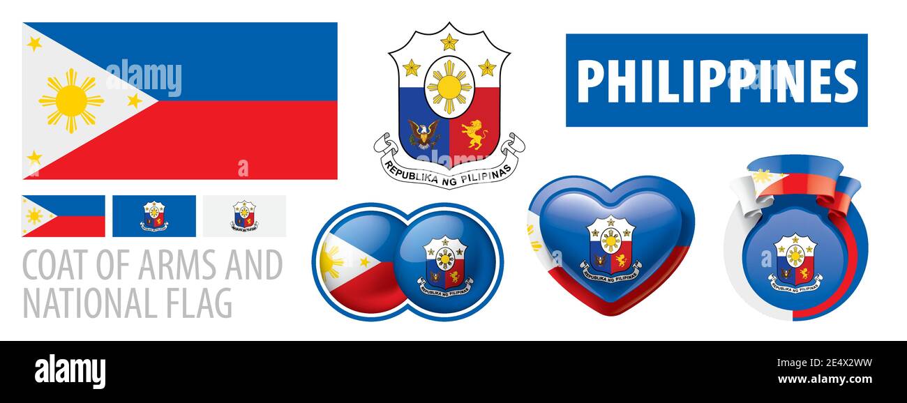 Vector set of the coat of arms and national flag of Philippines Stock