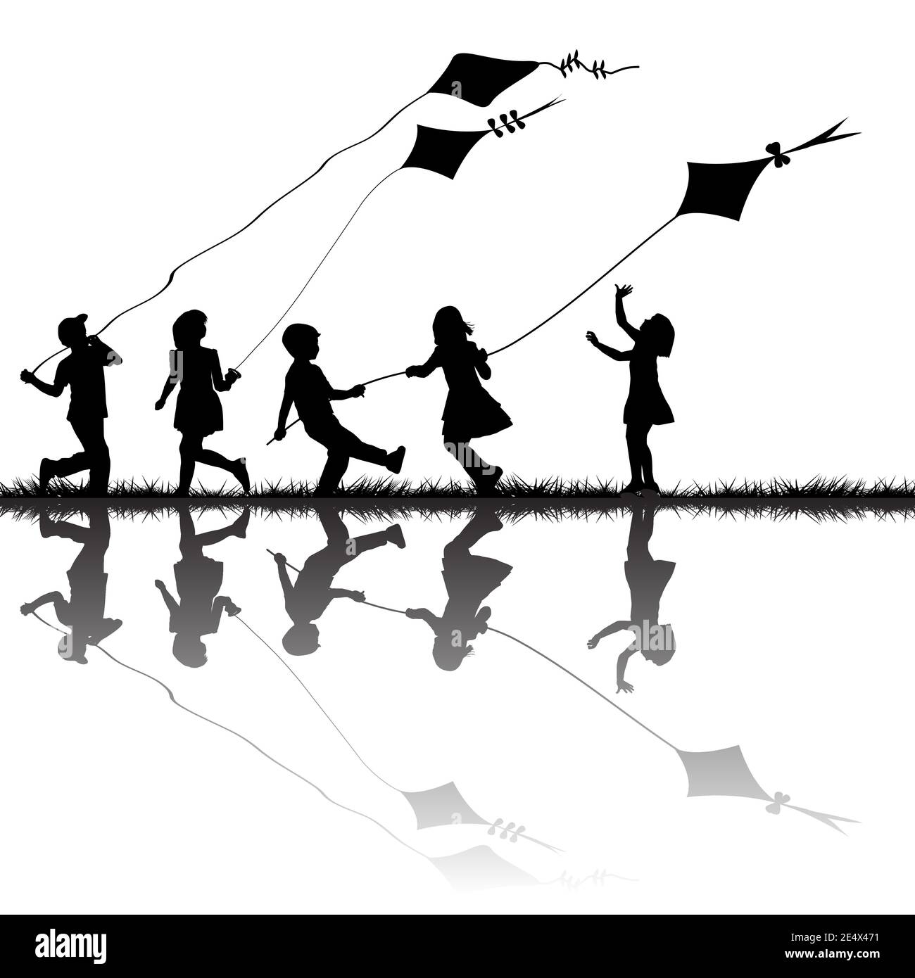 Children silhouettes playing with kites flying outdoor Stock Vector