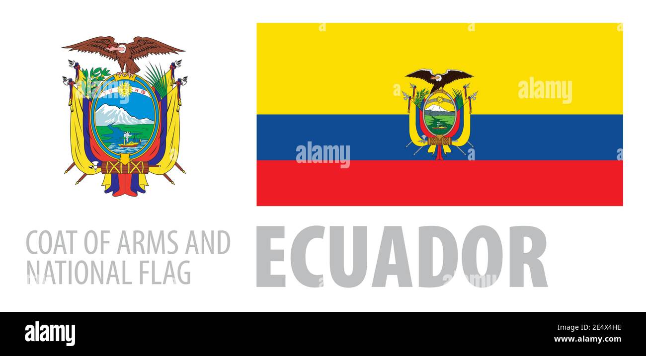 Vector set of the coat of arms and national flag of Ecuador Stock