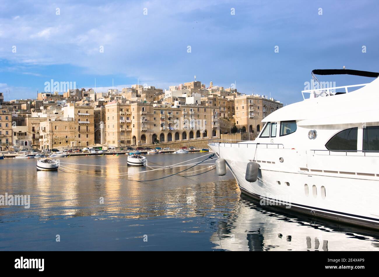 luxury sailboat moored in front of Senglea, Malta Stock Photo