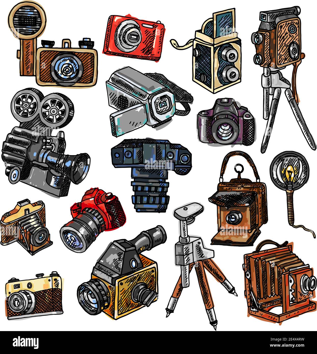 Old mechanical film and automatic modern digital reflex cameras icons collection abstract color doodle sketch vector illustration Stock Vector