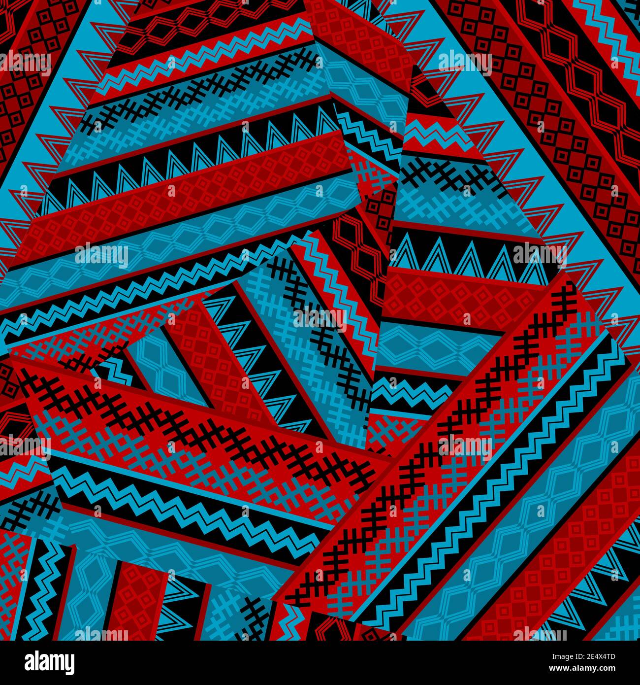 Creative seamless patchwork pattern with blue and red geometrical motifs Stock Vector