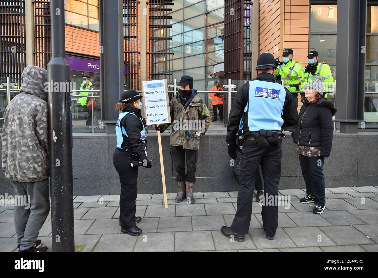 Protesters outside Bristol Magistrates' Court, where Rhian Graham, Milo Ponsford, Jake Skuse and Sage Willoughby are due to appear charged with criminal damage over the toppling of the Edward Colston statue in Bristol during the Black Lives Matter protests in June last year. Picture date: Monday January 25, 2021. Stock Photo
