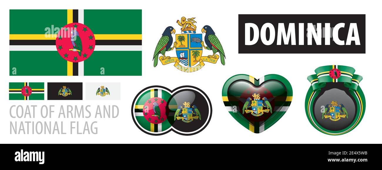 Vector set of the coat of arms and national flag of Dominica Stock