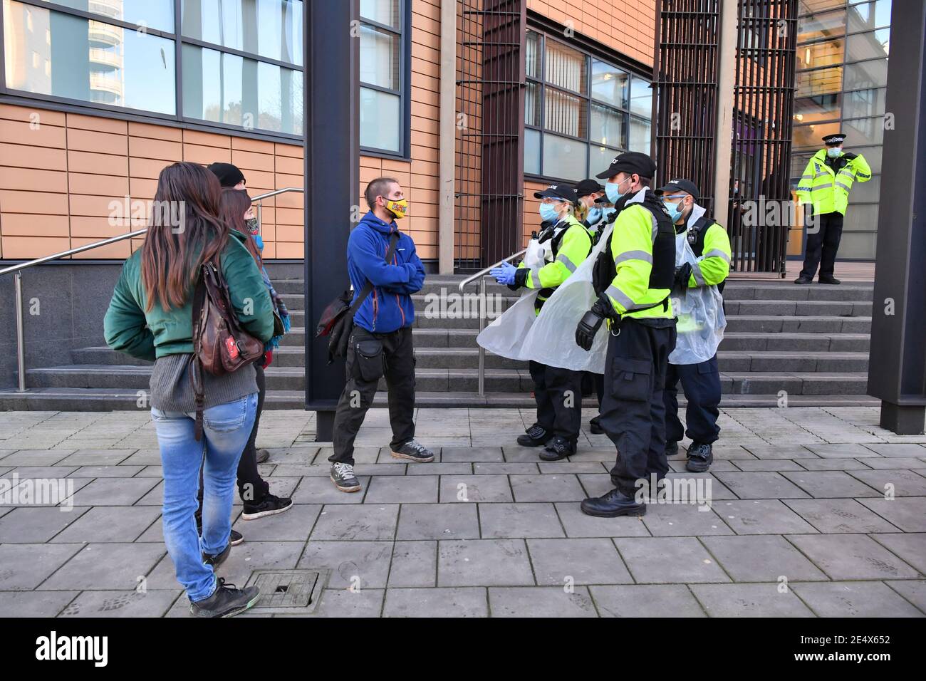 Protesters outside Bristol Magistrates' Court, where Rhian Graham, Milo Ponsford, Jake Skuse and Sage Willoughby are due to appear charged with criminal damage over the toppling of the Edward Colston statue in Bristol during the Black Lives Matter protests in June last year. Picture date: Monday January 25, 2021. Stock Photo
