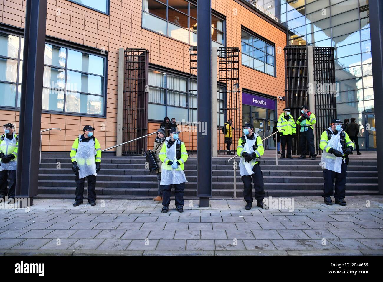 Police outside Bristol Magistrates' Court, where Rhian Graham, Milo Ponsford, Jake Skuse and Sage Willoughby are due to appear charged with criminal damage over the toppling of the Edward Colston statue in Bristol during the Black Lives Matter protests in June last year. Picture date: Monday January 25, 2021. Stock Photo