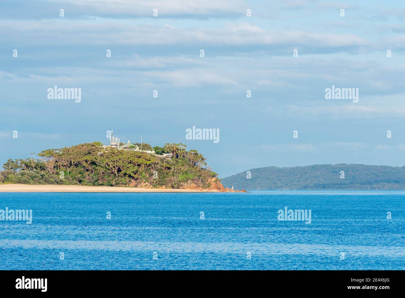 Looking west towards Shoal Bay and the Nelson Bay lighthouse from Tomaree Head at the entrance to Port Stephens, New South Wales, Australia Stock Photo