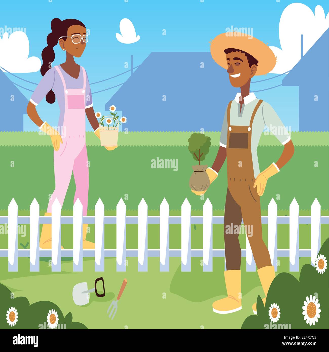 gardening, gardener woman man with flowers and tree vector illustration ...