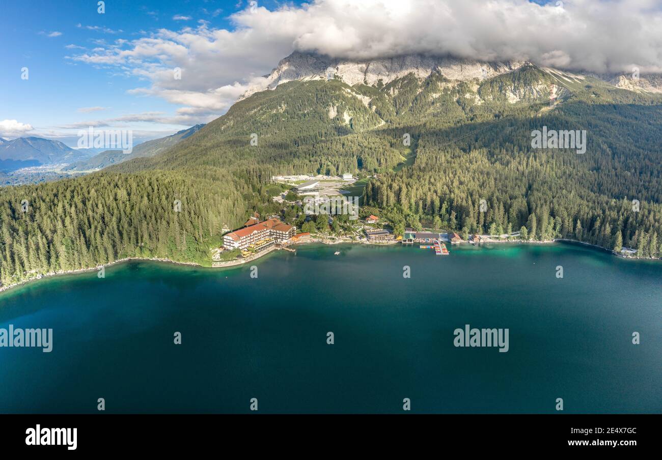 Aerial drone view of Eibsee Lake cable car station by Zugspitze in