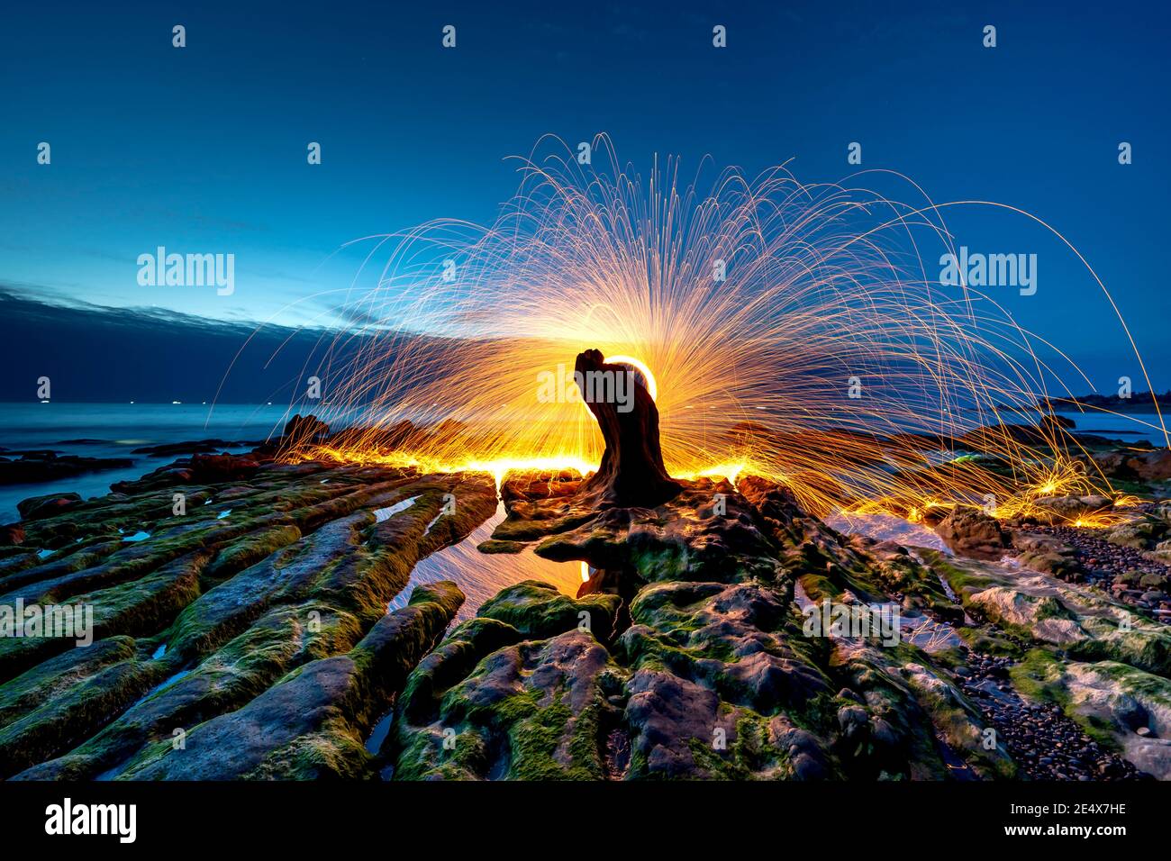 Amazing fire steel wool. Fire spinning circles with steel wool on the