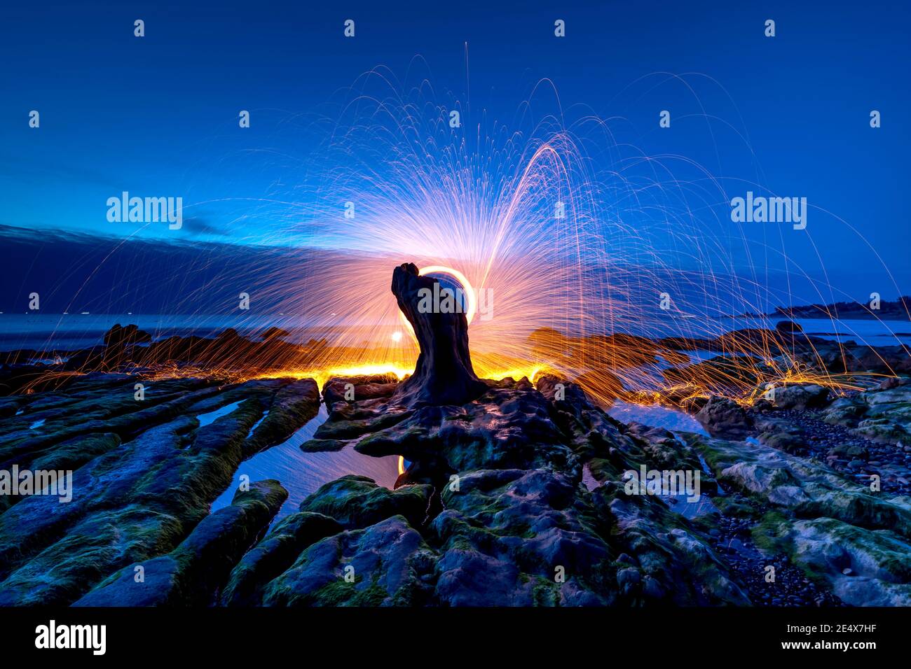 Amazing fire steel wool. Fire spinning circles with steel wool on the