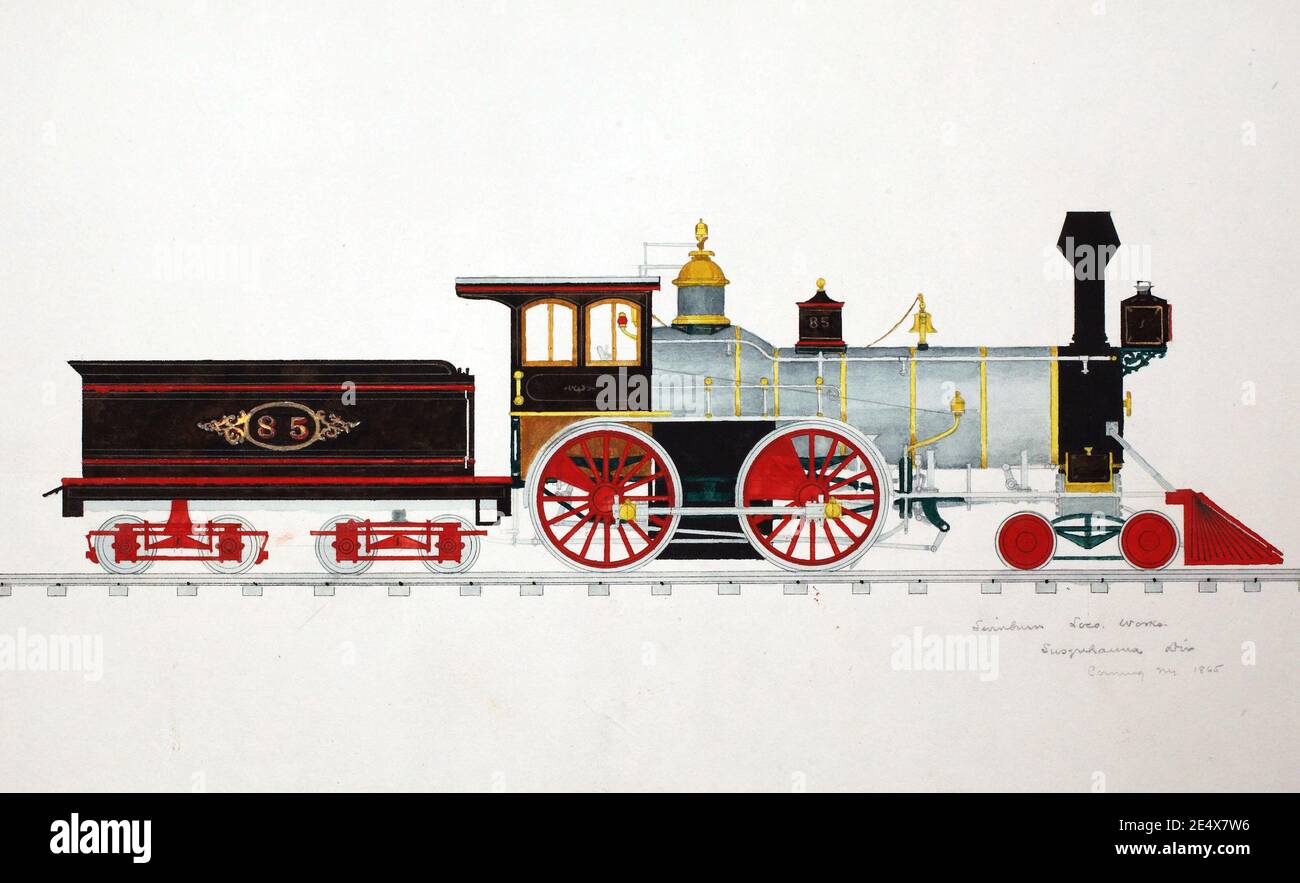 Black locomotive on the rails - from a 19th century engraving Stock ...