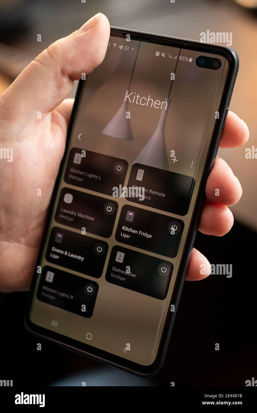 A close-up shot of smartphone with the SmartThings application from Samsung on the screen. Stock Photo