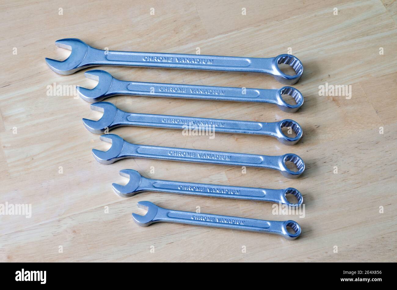 A Set Of Metal Chrome Vanadium Ring Spanners or Wrenches Hand Tools Stock Photo