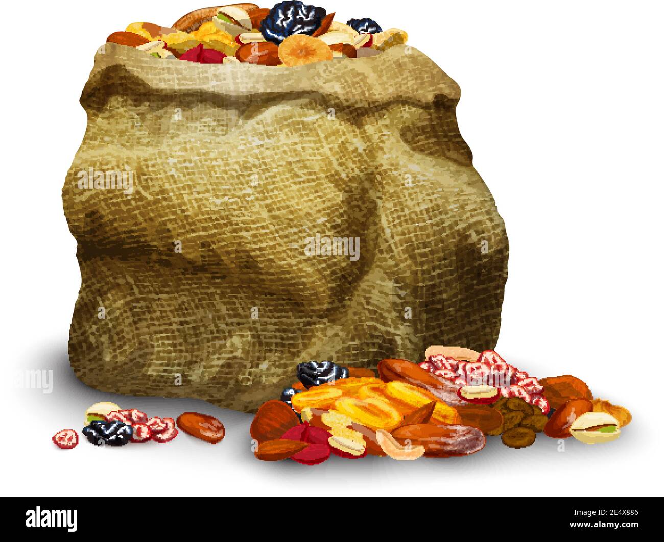 Dried fruits and nuts pieces in sack healthy nutrition vector