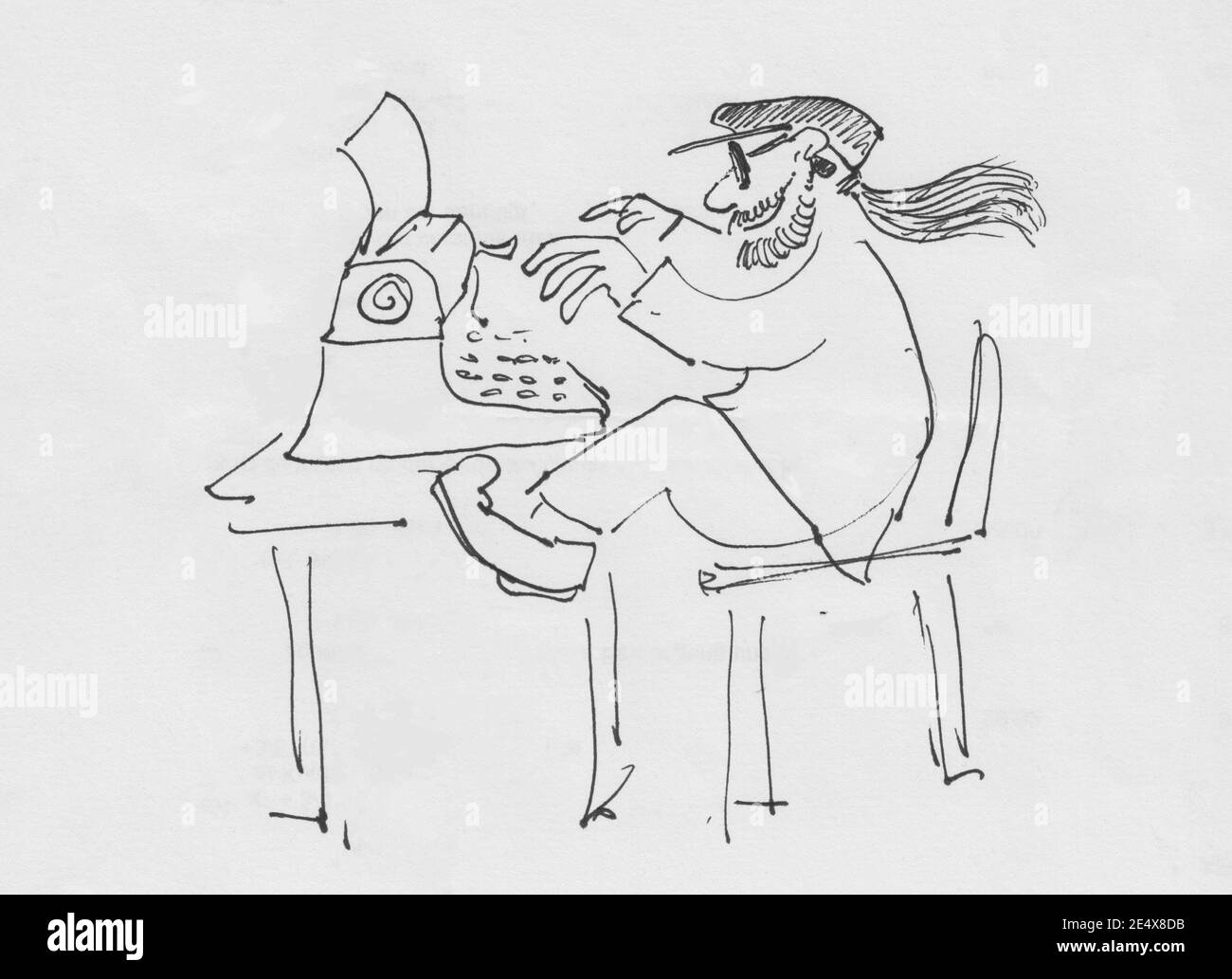 Cartoon of a writer who is enthusiastic writing a book on an old fashioned typewriter Stock Photo