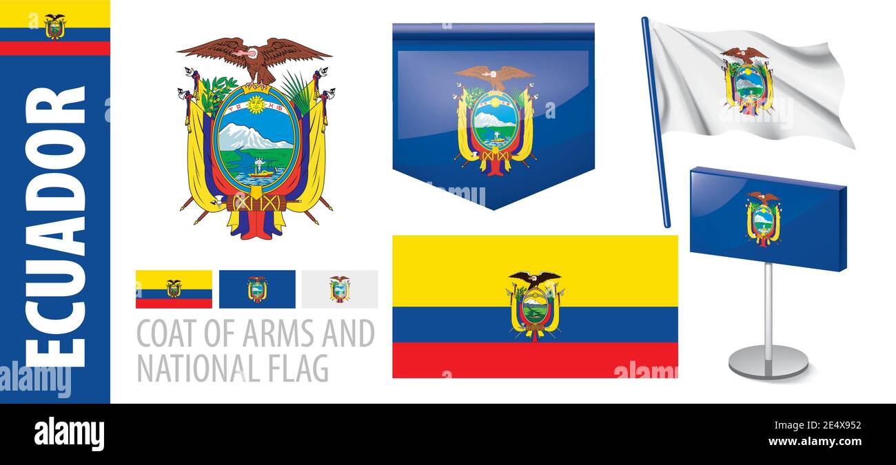 Vector set of the coat of arms and national flag of Ecuador Stock