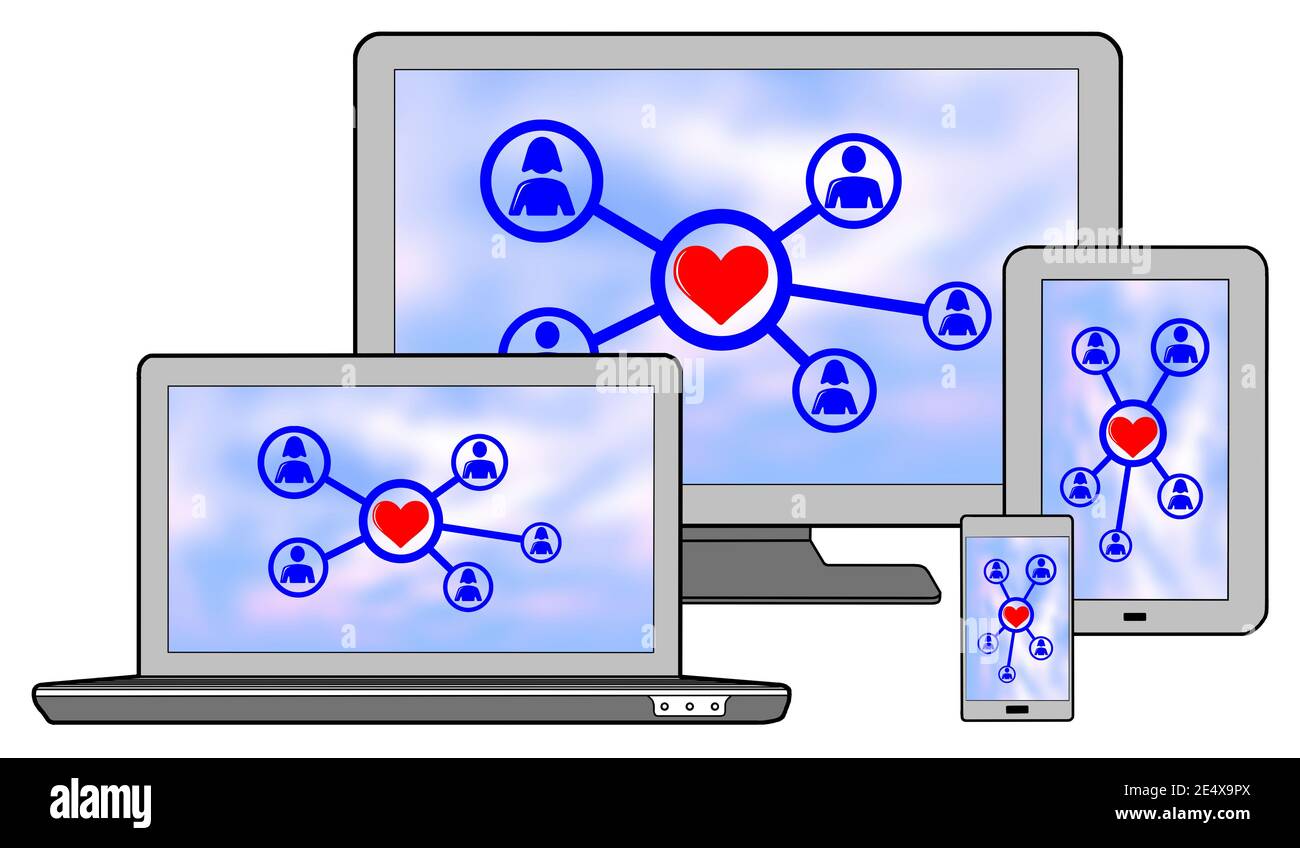 Online dating concept shown on different information technology devices Stock Photo