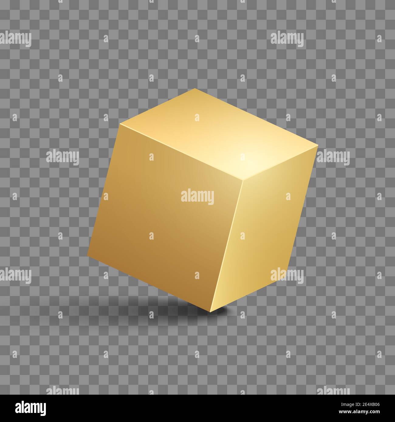 Golden cube. Gold box metallic shape. Vector square block set