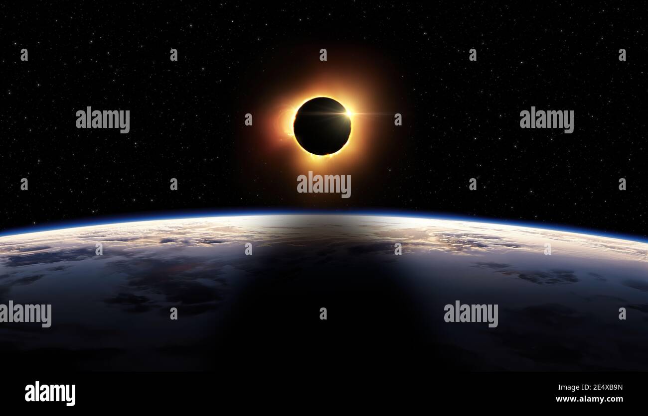 Total solar eclipse. The Moon covers the Sun, 3D illustration Stock