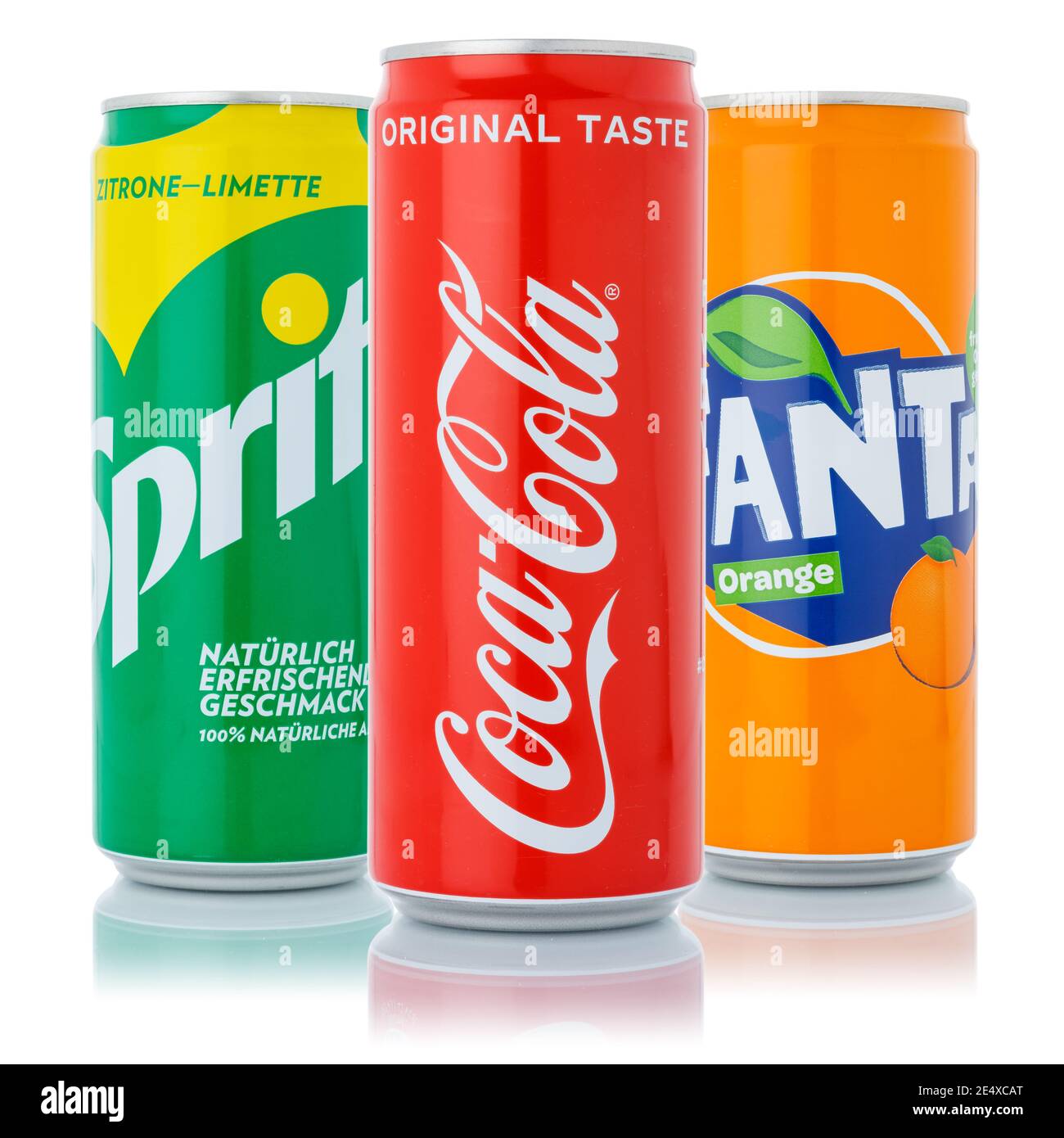 Stuttgart, Germany - January 11, 2021: Coca Cola Coca-Cola Fanta Sprite products lemonade soft drink in can isolated on a white background in Stuttgar Stock Photo