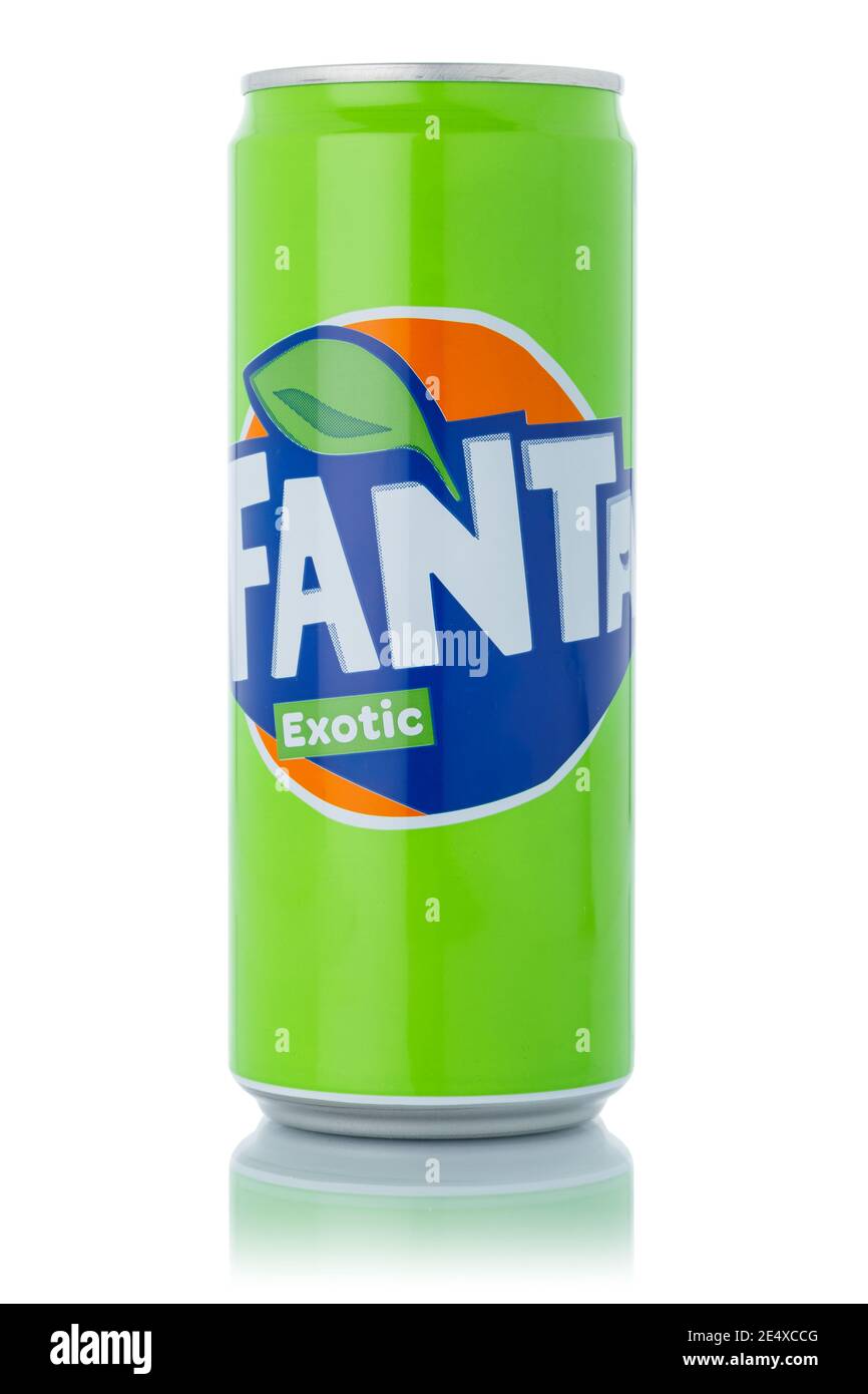 Stuttgart, Germany - January 12, 2021: Fanta Exotic lemonade soft drink in can isolated on a white background in Stuttgart in Germany. Stock Photo
