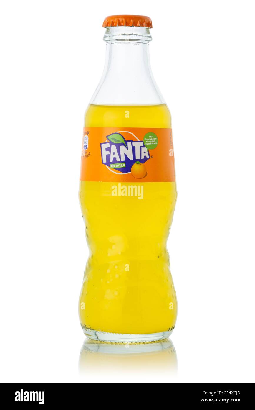 Stuttgart, Germany - January 8, 2021: Fanta orange lemonade soft drink bottle isolated on a white background in Stuttgart in Germany. Stock Photo