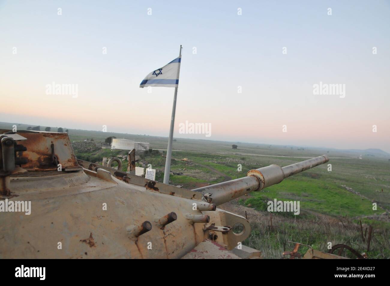 Israeli Tank as a memorial for the fallen soldiers at the battle of Tel Saqi [Tel Saki Tel a-Saqi], Golan Heights in October 1973 - The Yom Kippur war Stock Photo