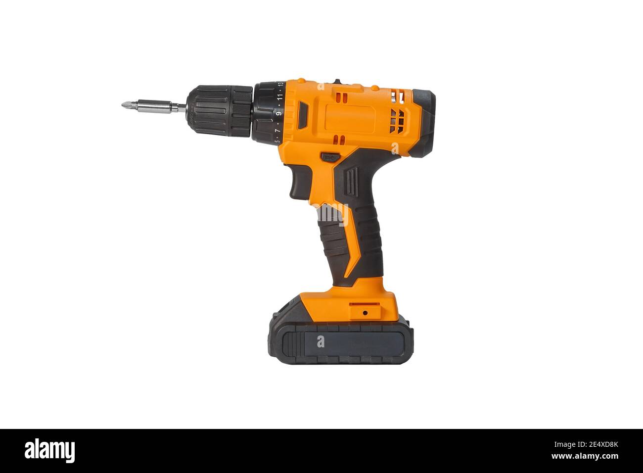 Black and orange screwdriver on a white background, close up, isolated. Household tools. Stock Photo